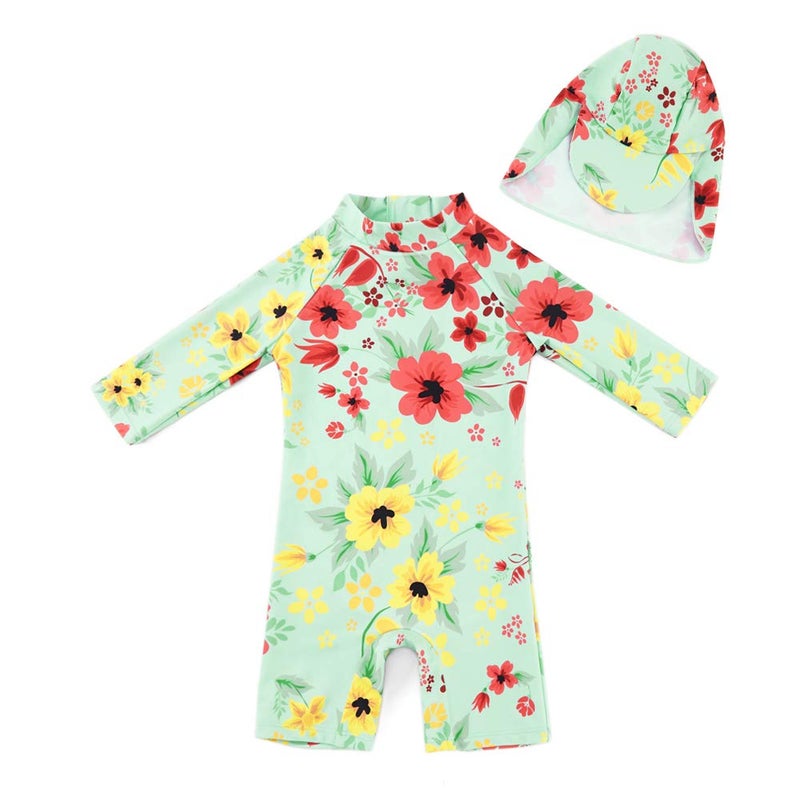 upandfast Baby/Toddler Girl One Piece Zip Sunsuits with Sun Hat UPF 50+ Sun Protection Infant Beach Swimsuit (Light Green(LS), 12-18 Months) - Image 1